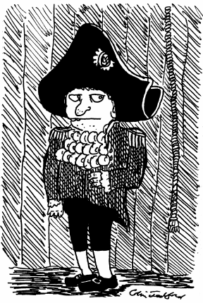 Short colonial-era man (like Napolean but sketchier) standing in front of a curtain next to a bell-pull