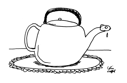 A small fish emerging cautiously from the spout of a teapot