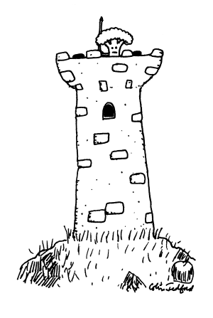 Stone tower with an anthropomorphic broccoli standing guard at the top