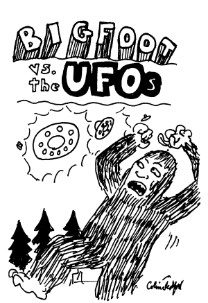 Below the title Bigfoot vs. the UFOs, Bigfoot exhibits angry surprise as UFOs appear above the forest