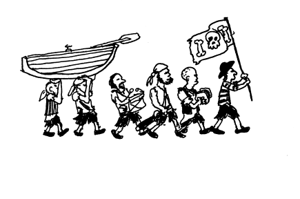 A band of pirates walking in a line; some holding a boat aloft, some playing instruments, one holding a pirate flag.