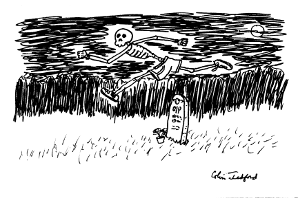 A skeleton in track shorts leaping over a gravestone as if it were a hurdle.